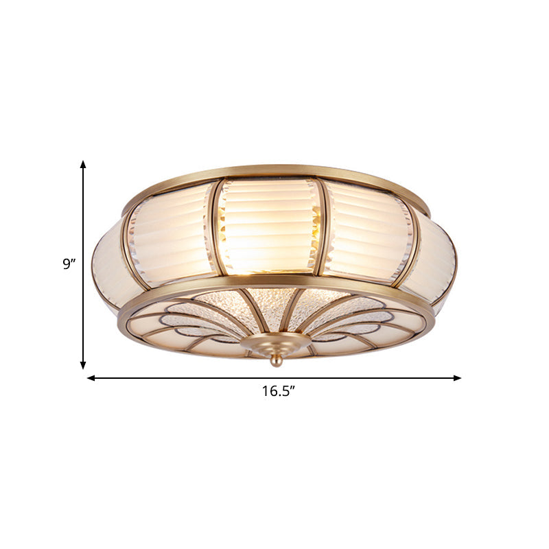 Colonial Cream Glass Drum Ceiling Lighting - 3/4 Heads Flush Mount Fixture Brass Finish