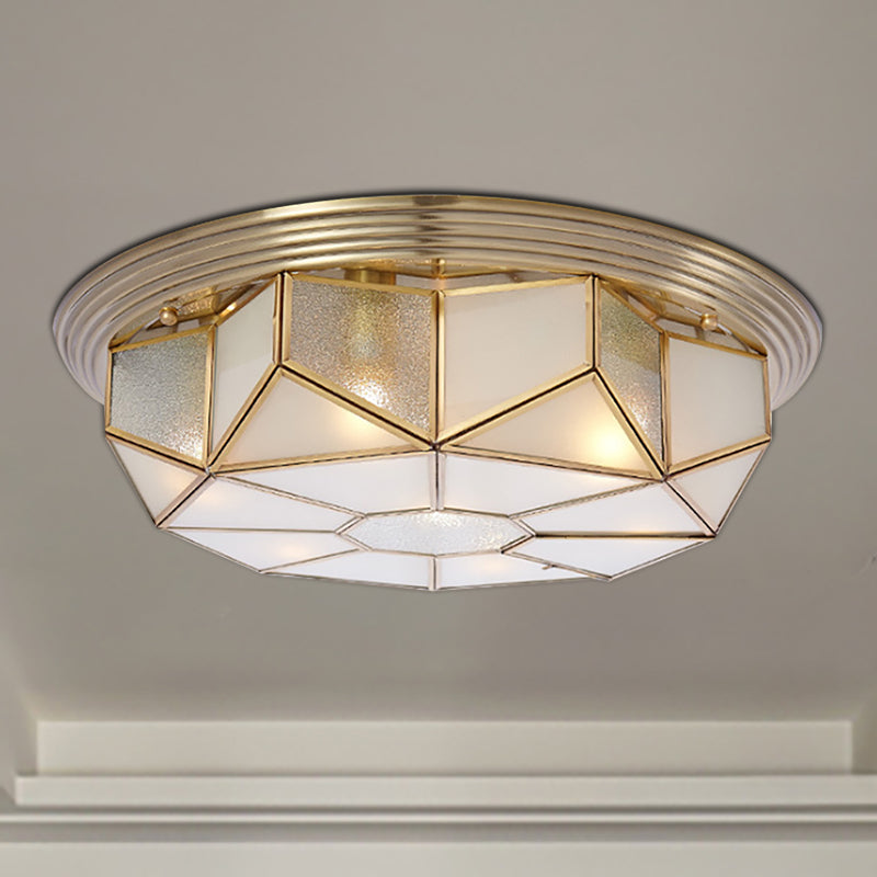 Colonial Brass Flush Mount Lamp With Sandblasted Glass For Living Room - 6 Heads Octagonal Ceiling