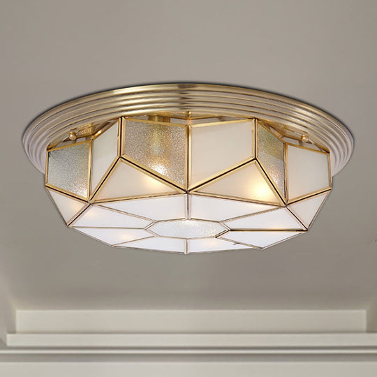 Colonial Brass Flush Mount Lamp With Sandblasted Glass For Living Room - 6 Heads Octagonal Ceiling