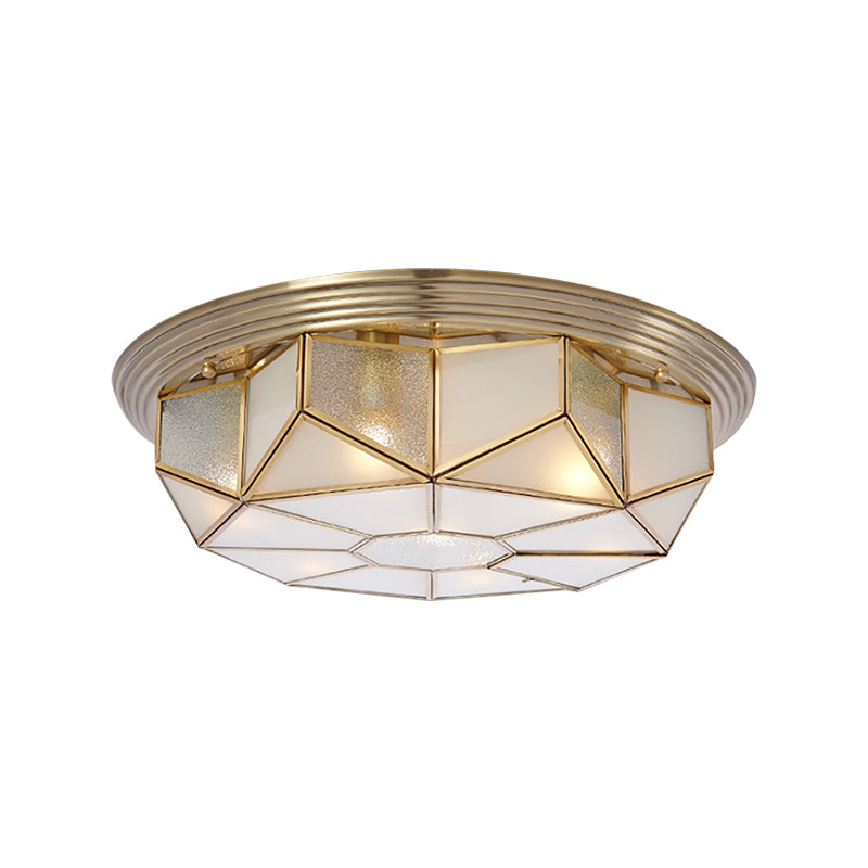 Colonial Brass Flush Mount Lamp With Sandblasted Glass For Living Room - 6 Heads Octagonal Ceiling
