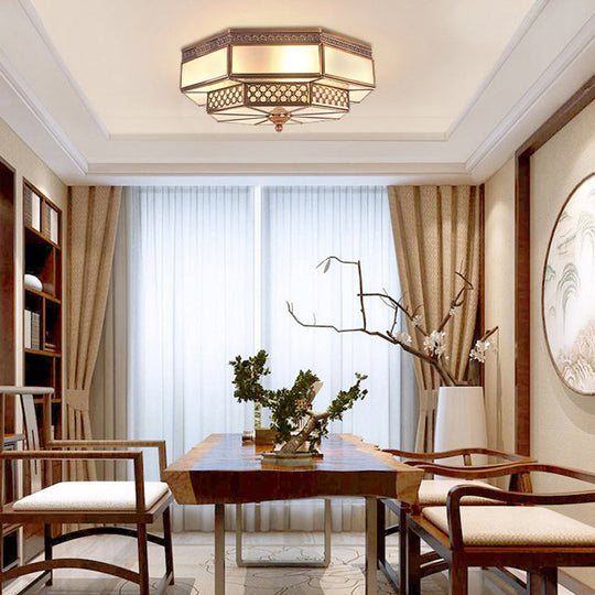 Opaline Glass Octagon Bedroom Flush Mount Light With Colonial Brass Finish - 4 Bulbs Close To