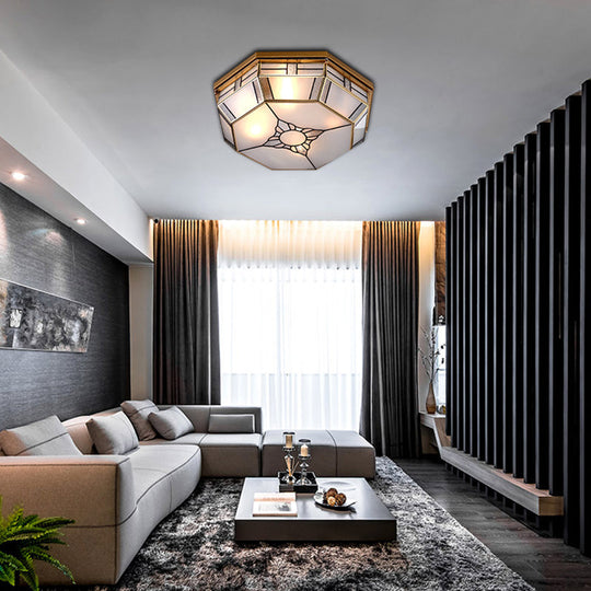 Opal Glass Flush Light With 3 Heads - Brass Finish Octagonal Shape Bedroom Ceiling Lighting