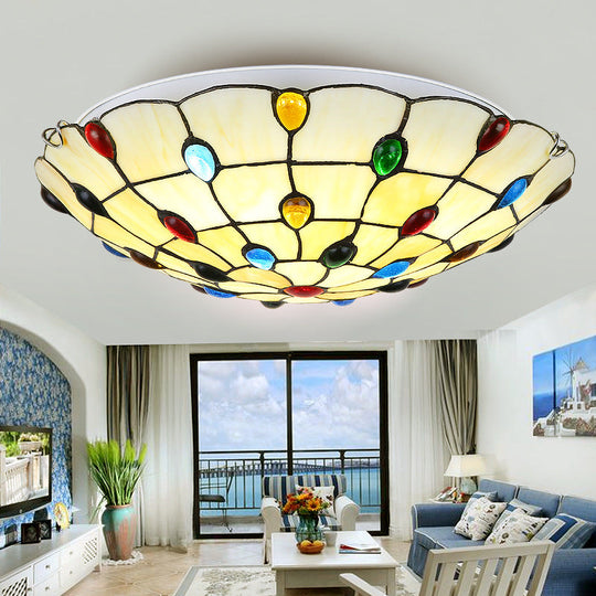 Vintage Stained Glass Flush Mount Ceiling Light - Beige Bowl Multiple Sizes Ideal For Living Room /