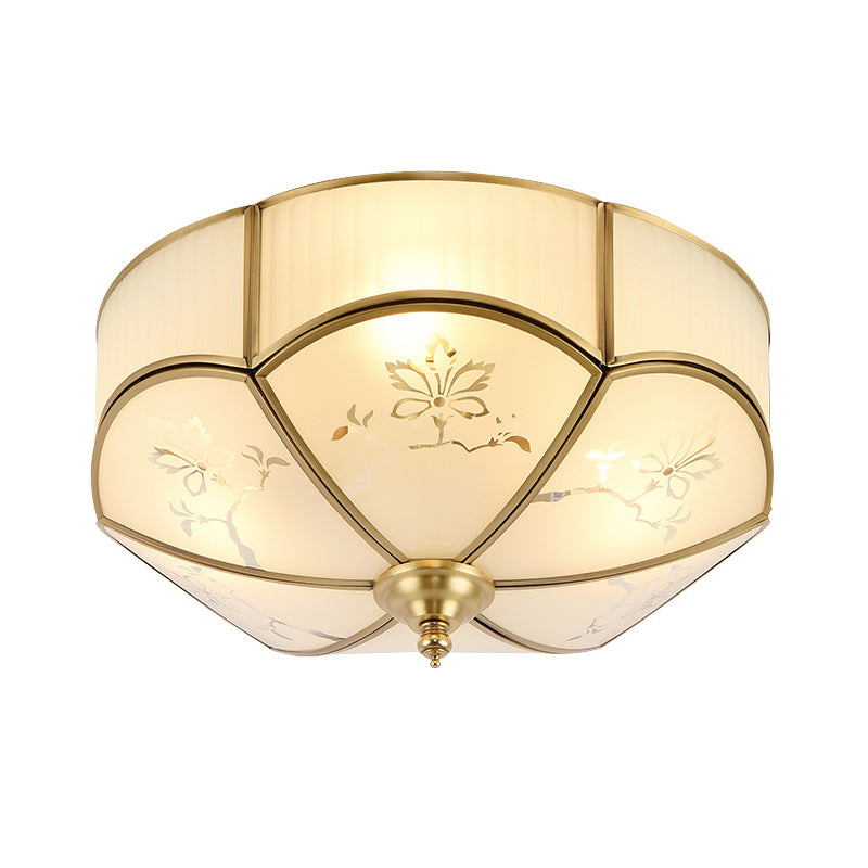 Brass Flush Mount Lamp With Colonial Sandblasted Glass - 3/4/6 Head Options