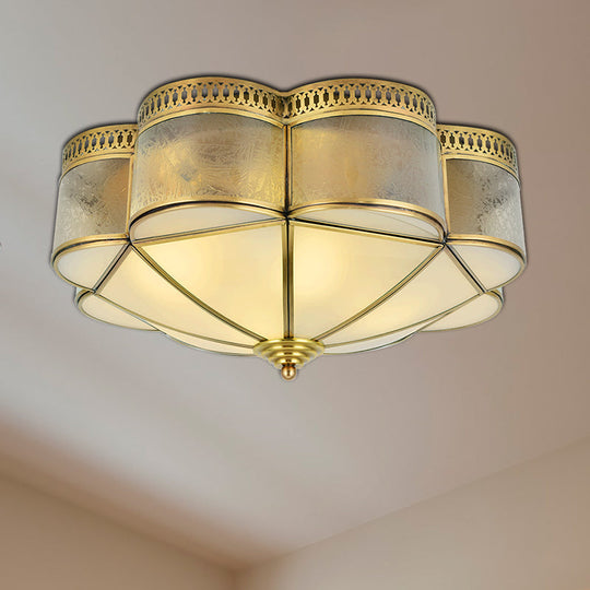 Frosted Glass And Brass Colonial Style Flush Mount Ceiling Lamp With Curved Design - Ideal For