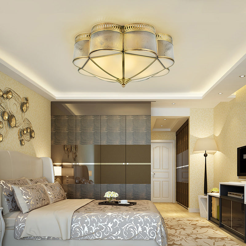 Frosted Glass And Brass Colonial Style Flush Mount Ceiling Lamp With Curved Design - Ideal For