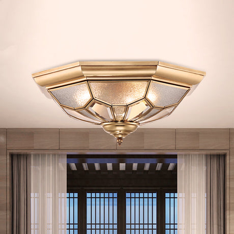 Colonial Brass Seeded Glass Flush Light Fixture For Bedroom - 3-Bulb Ceiling Mount