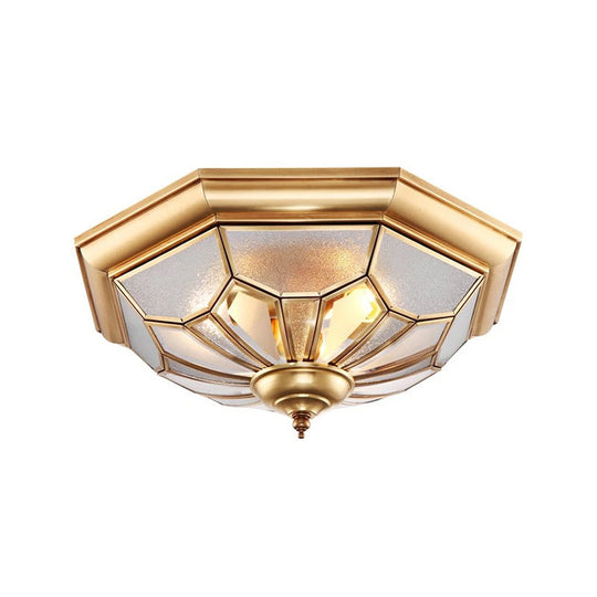Colonial Brass Seeded Glass Flush Light Fixture For Bedroom - 3 - Bulb Ceiling Mount