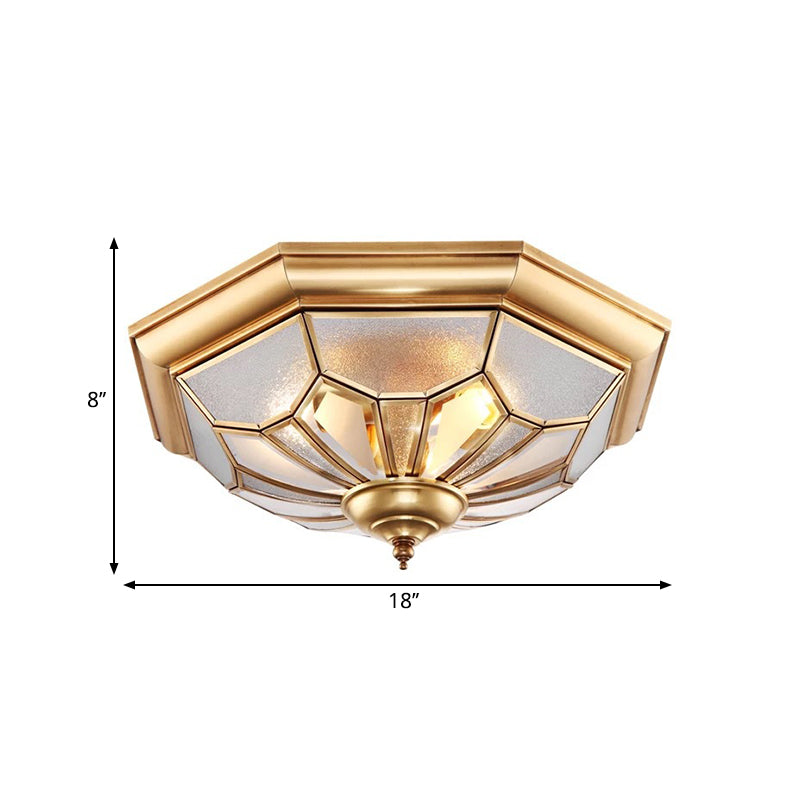 Colonial Brass Seeded Glass Flush Light Fixture For Bedroom - 3-Bulb Ceiling Mount