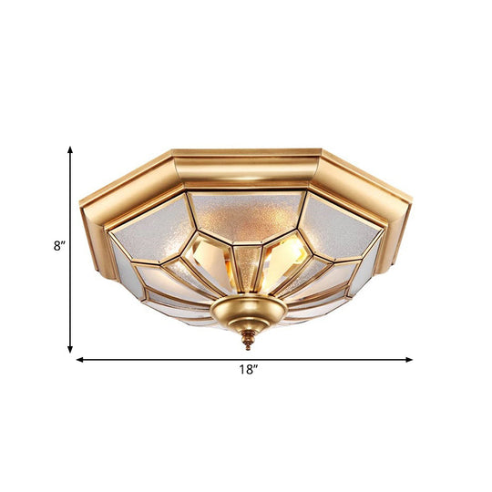 Colonial Brass Seeded Glass Flush Light Fixture For Bedroom - 3-Bulb Ceiling Mount