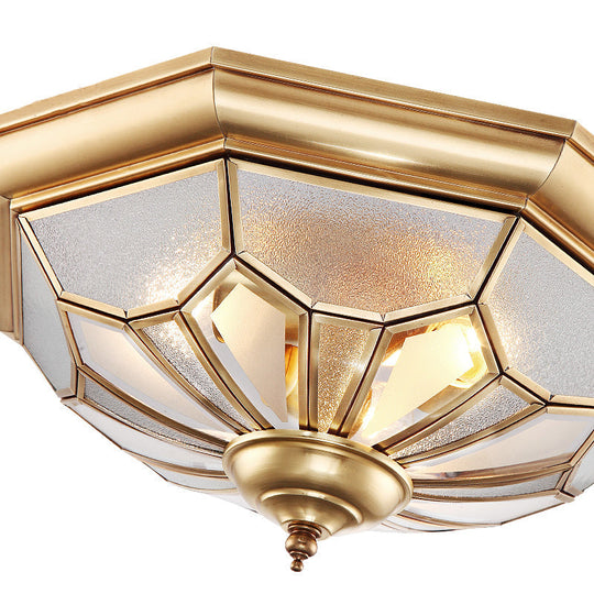 Colonial Brass Seeded Glass Flush Light Fixture For Bedroom - 3-Bulb Ceiling Mount
