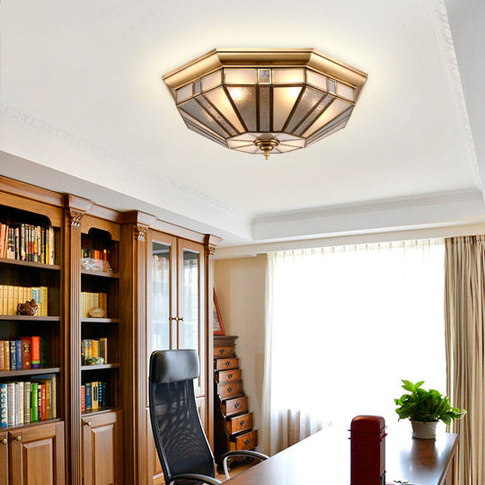 Geometric Ceiling Mount Brass Flush Light Fixture For Bedroom - Beveled Glass 4/6 Bulbs 19.5/23.5 W