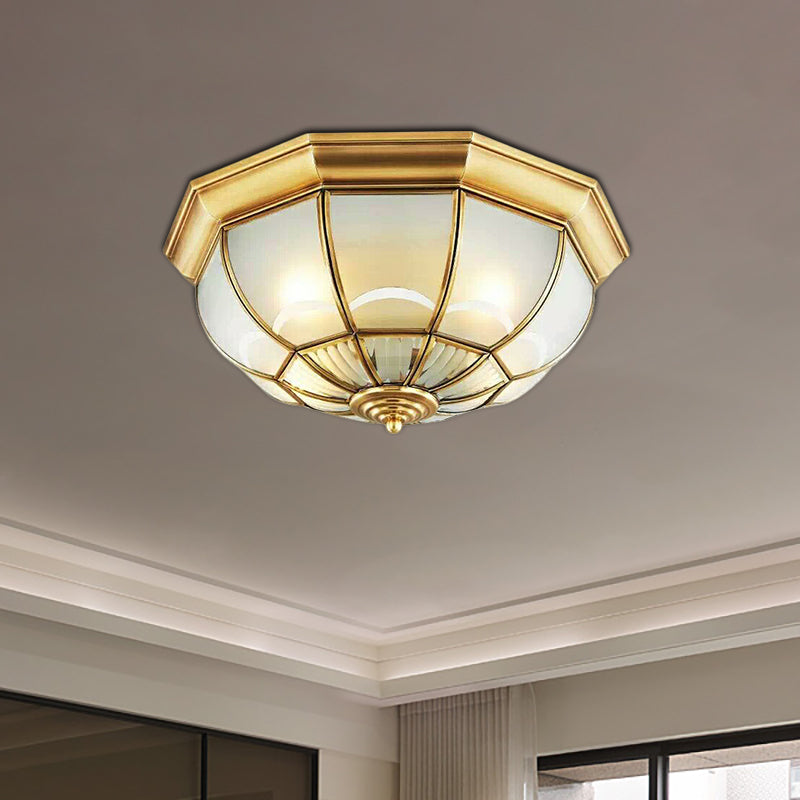 Colonialist Flush Mount Lamp For Bedroom - Frosted Glass Brass Ceiling Dome (3/4/6 Heads)