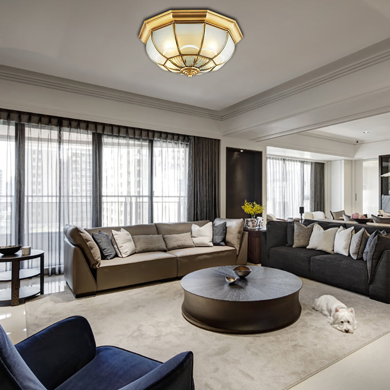 Colonialist Flush Mount Lamp For Bedroom - Frosted Glass Brass Ceiling Dome (3/4/6 Heads)