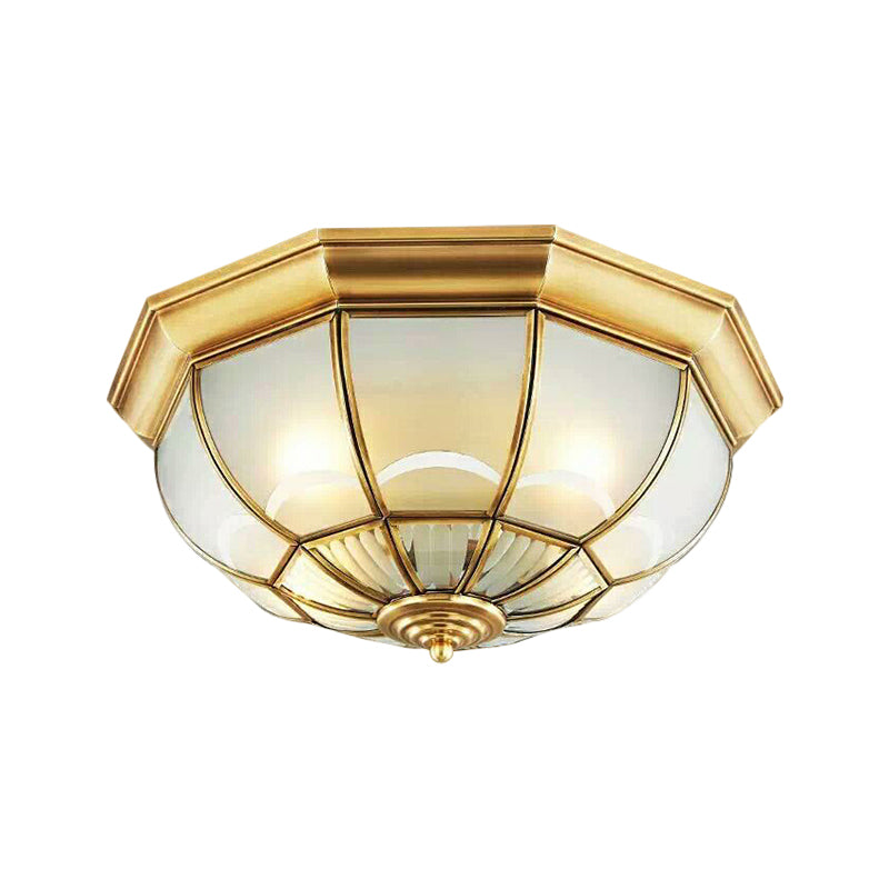 Colonialist Flush Mount Lamp For Bedroom - Frosted Glass Brass Ceiling Dome (3/4/6 Heads) 14/18/23.5