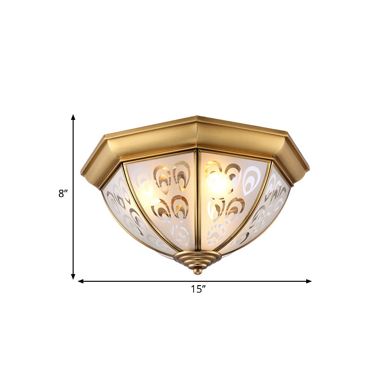 Brass Flush Mount Lamp With Sandblasted Glass Bowl - Colonial Style Ceiling Fixture For Study Room