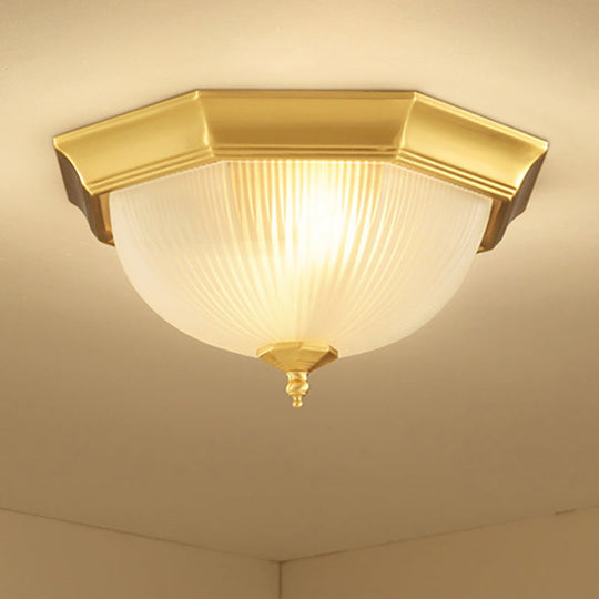 Dome Foyer Flush Mount Light - Colonial Ribbed Opal Glass Brass Finish Close To Ceiling Lamp