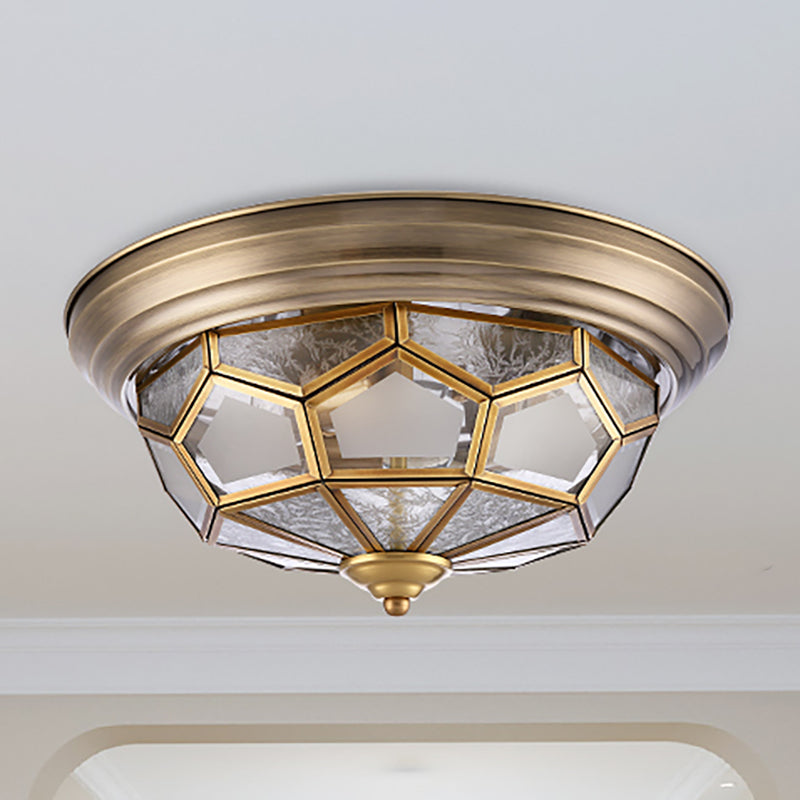 Colonial Frosted Glass Brass Ceiling Flush Mount Lamp With 3 Faceted Heads For Bedroom