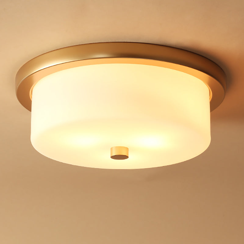Colonial White Handblown Glass Drum Flush Mount Light With 3 Bulbs