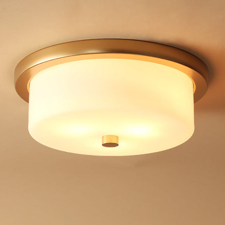 Colonial White Handblown Glass Drum Flush Mount Light With 3 Bulbs