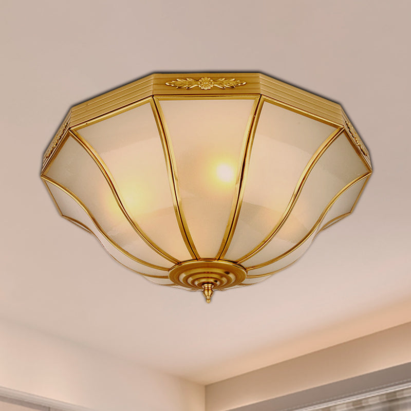 Colonial Brass Flared Bedroom Ceiling Light Opal Glass 14.5-18.5W 3/4-Light