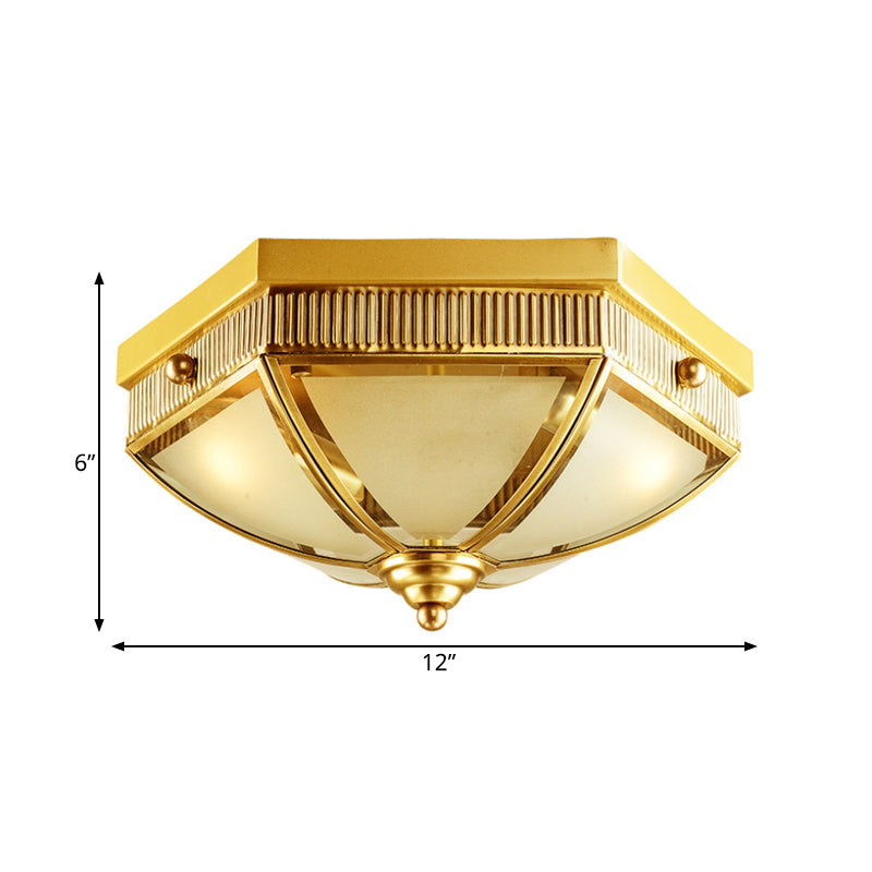 Colonial Frosted Glass Ceiling Lamp With Gold Finish - 2 Bulbs Hallway Flush Mount Light