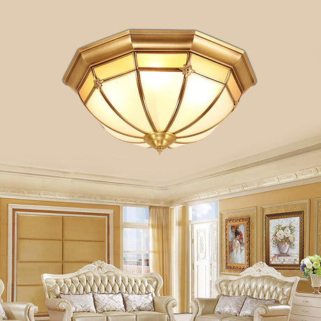 Colonial White Glass Dome Ceiling Light Fixture For Bedroom - Brass Flush Mount 3/4/6 Heads