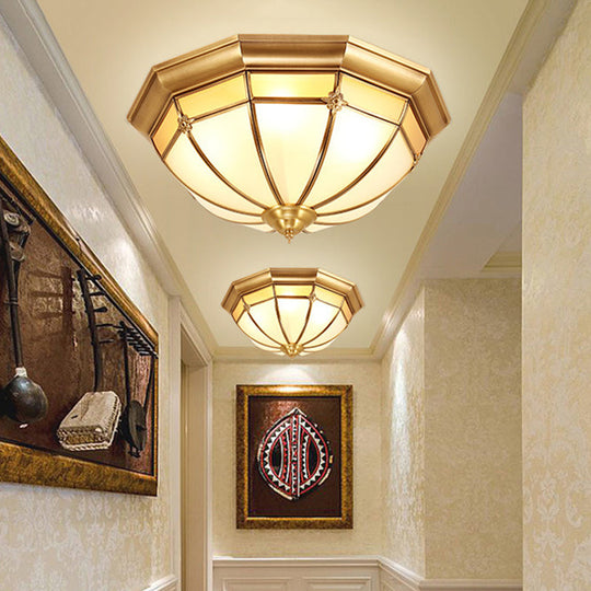 Colonial White Glass Dome Ceiling Light Fixture For Bedroom - Brass Flush Mount 3/4/6 Heads