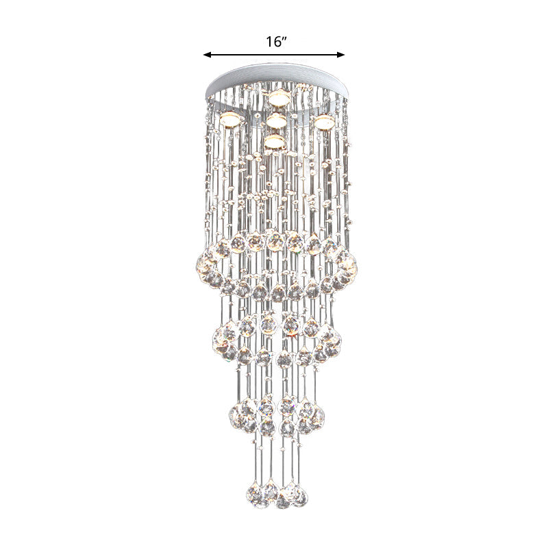 Sleek Nickel Flush Mount Crystal Ceiling Lamp With 5 Layered Faceted Heads