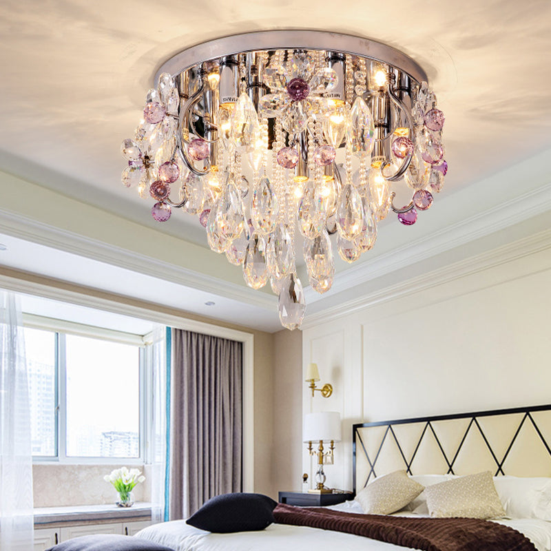 Modernist Crystal Teardrop Flushmount Ceiling Light Fixture With Stainless-Steel Frame - 6/9 Head