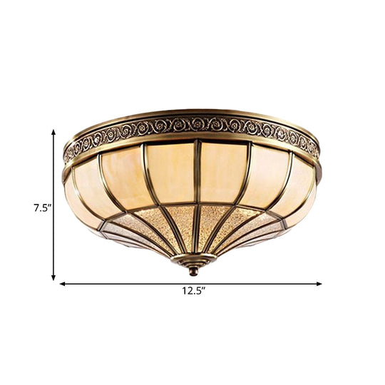 Colonial Opaque Glass Dome Bedroom Flush Mount Lamp Brass Ceiling Light Fixture - 3/4 Bulbs
