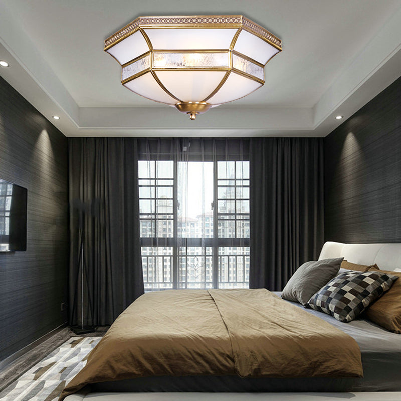 Brass Scalloped Ceiling Mounted Light With White Glass Shades - 3/4 Head Flush Mount Lamp For