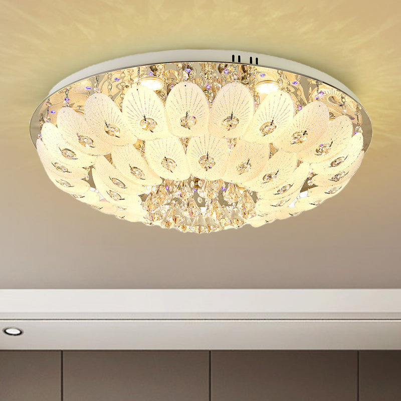 Contemporary Crystal Ceiling Light Fixture - Domed Flush Mount 7/13 Heads 23.5’/31.5’ Wide White