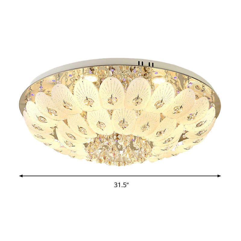 Contemporary Crystal Ceiling Light Fixture - Domed Flush Mount 7/13 Heads 23.5’/31.5’ Wide White