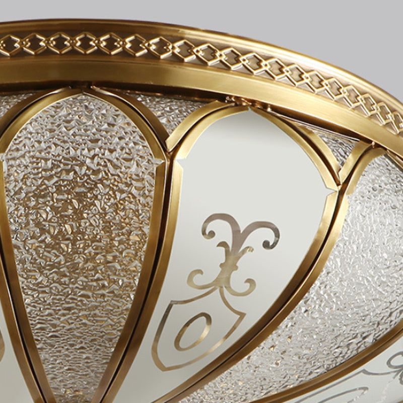 Brass Colonial 3 - Light Flush Mount Ceiling Fixture With Frosted Glass Scalloped Shade For Living