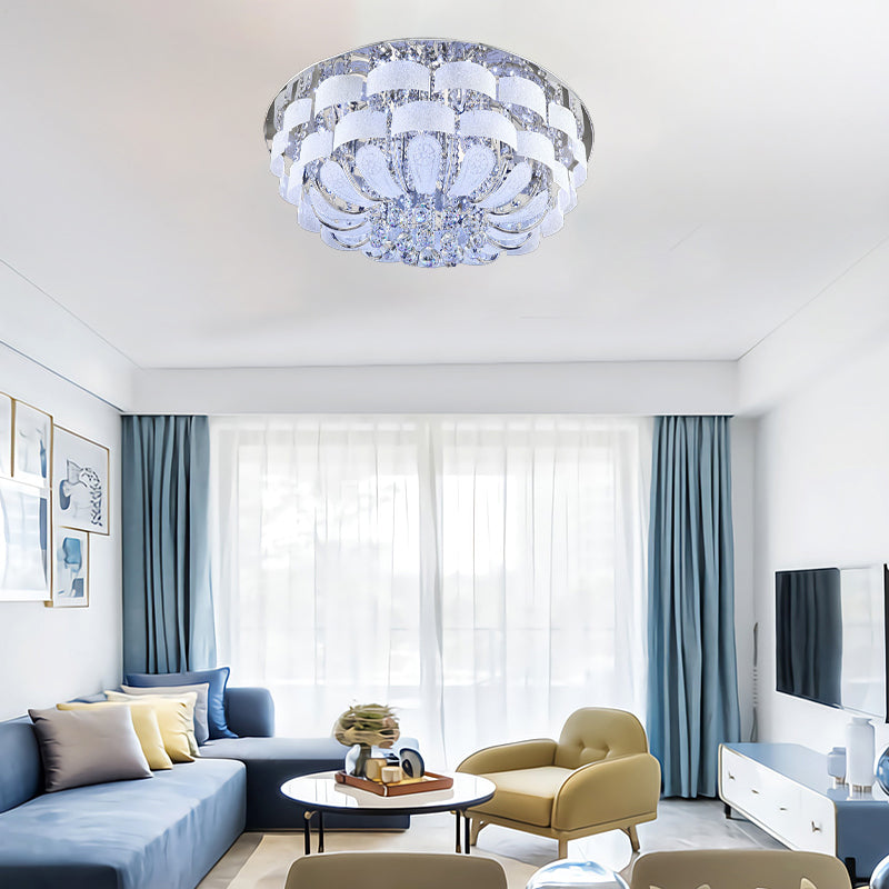 Modernist Stainless - Steel Crystal Flush Mount Ceiling Light With Cut Accents