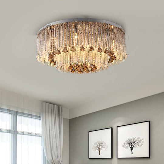 Contemporary Crystal Flush Light Fixture - Round Nickel Ceiling Mount For Living Room (9/12/18