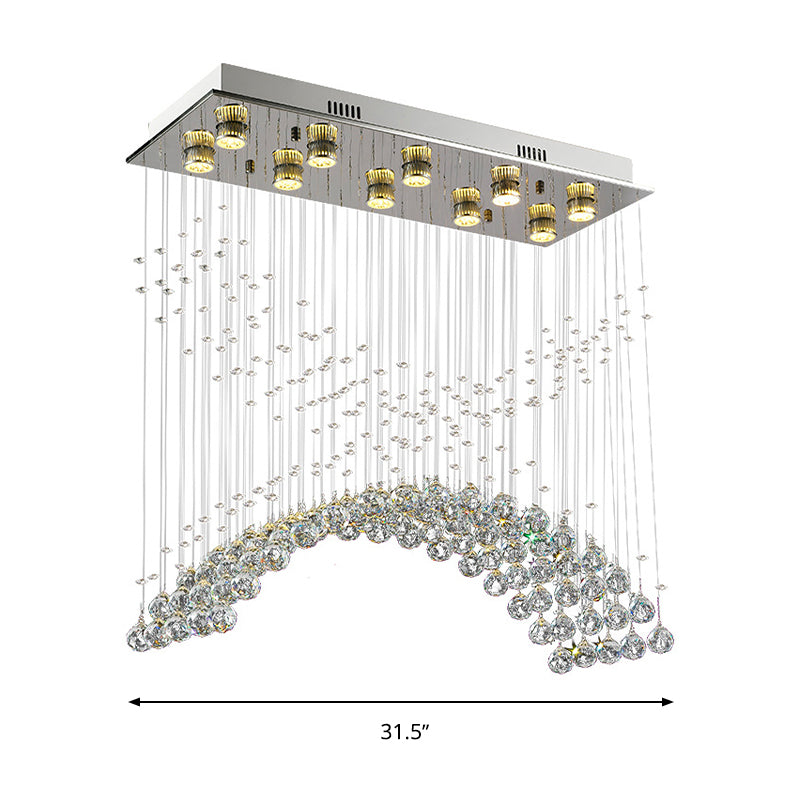 Contemporary Crystal Ceiling Light Fixture - 10 Heads Bend Flush Mount In Nickel Finish