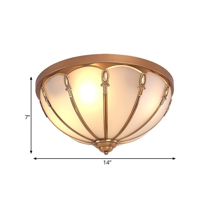 Opaline Glass Colonial Ceiling Mounted Fixture For Bedroom - Flush Mount Lamp In Brass With 3/4