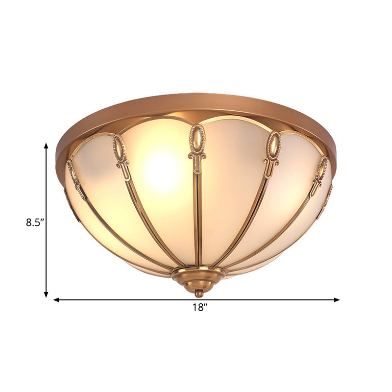 Opaline Glass Colonial Ceiling Mounted Fixture For Bedroom - Flush Mount Lamp In Brass With 3/4