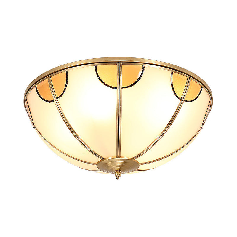 Sandblasted Glass Dome Colonial Brass Ceiling Light - 3 - Light Flush Mount For Living Room