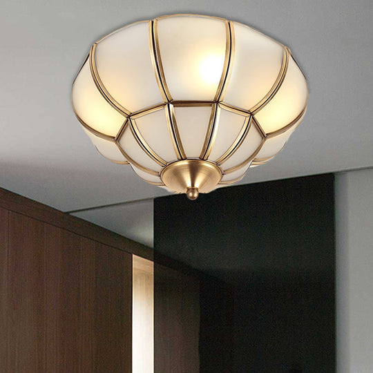 Colonialism Scallop Ceiling Light - 11’/18’ W 3 Bulbs Satin Opal Glass Brass Finish