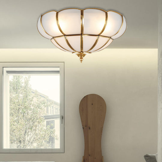 Colonialism Scallop Ceiling Light - 11’/18’ W 3 Bulbs Satin Opal Glass Brass Finish