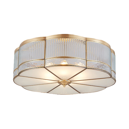 Ribbed Glass Gold Ceiling Flush Mount Lamp - Clover Design With 3/4 Heads Available In 14’ Or