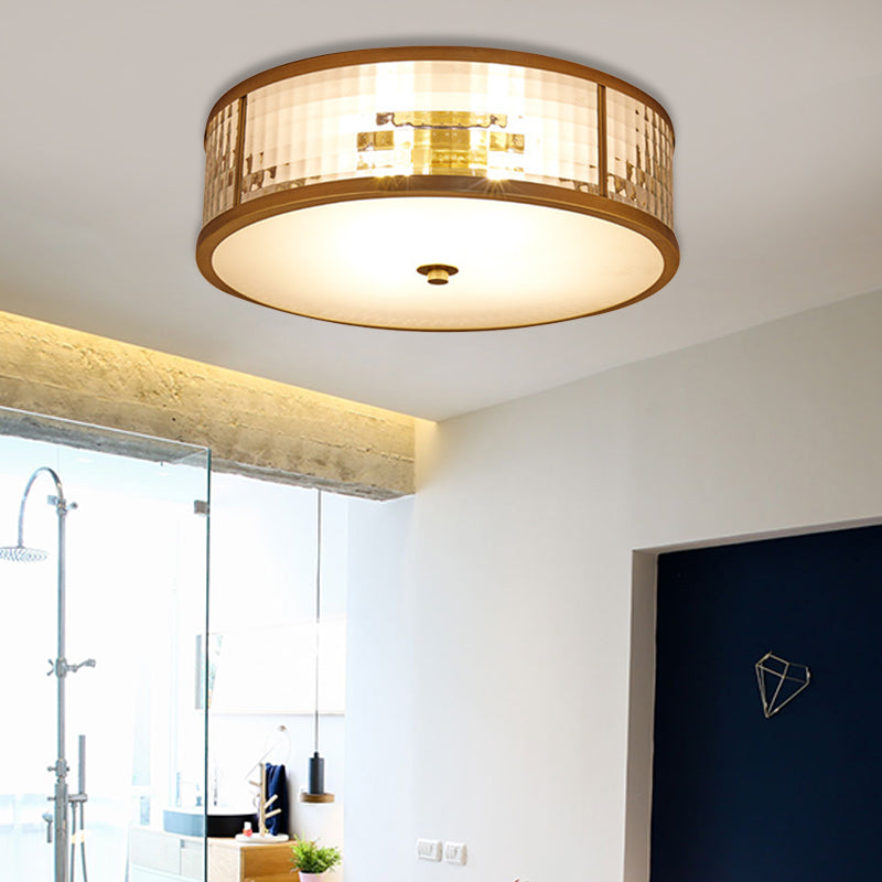 Colonial Brass Drum Ceiling Mount Light Fixture With Frosted Crystal Glass For Bedroom - 3/4/5
