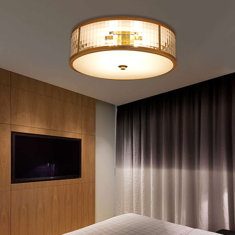 Colonial Brass Drum Ceiling Mount Light Fixture With Frosted Crystal Glass For Bedroom - 3/4/5