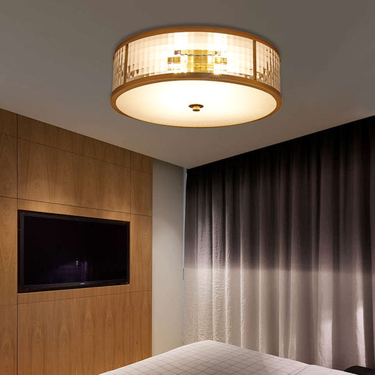 Colonial Brass Drum Ceiling Mount Light Fixture With Frosted Crystal Glass For Bedroom - 3/4/5