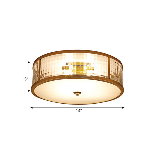 Colonial Brass Drum Ceiling Mount Light Fixture With Frosted Crystal Glass For Bedroom - 3/4/5