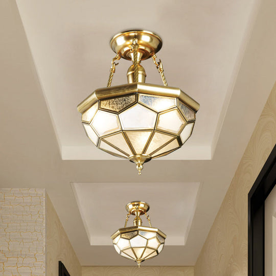 Brass Semi Flush Mount Sandblasted Glass Dome Ceiling Fixture For Dining Room- 3/4 Heads