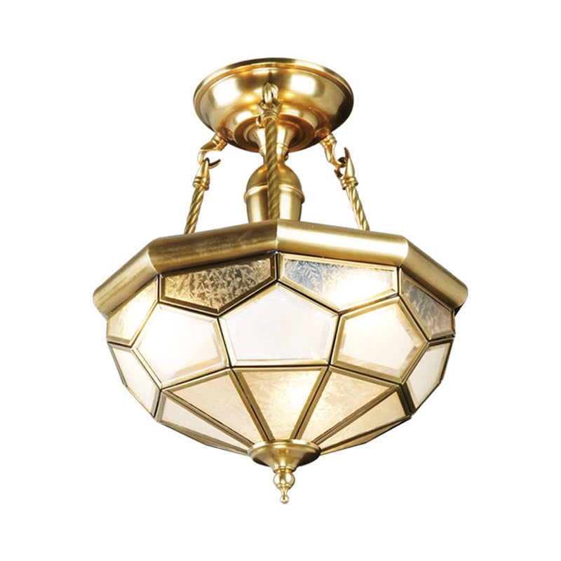 Brass Semi Flush Mount Sandblasted Glass Dome Ceiling Fixture For Dining Room- 3/4 Heads